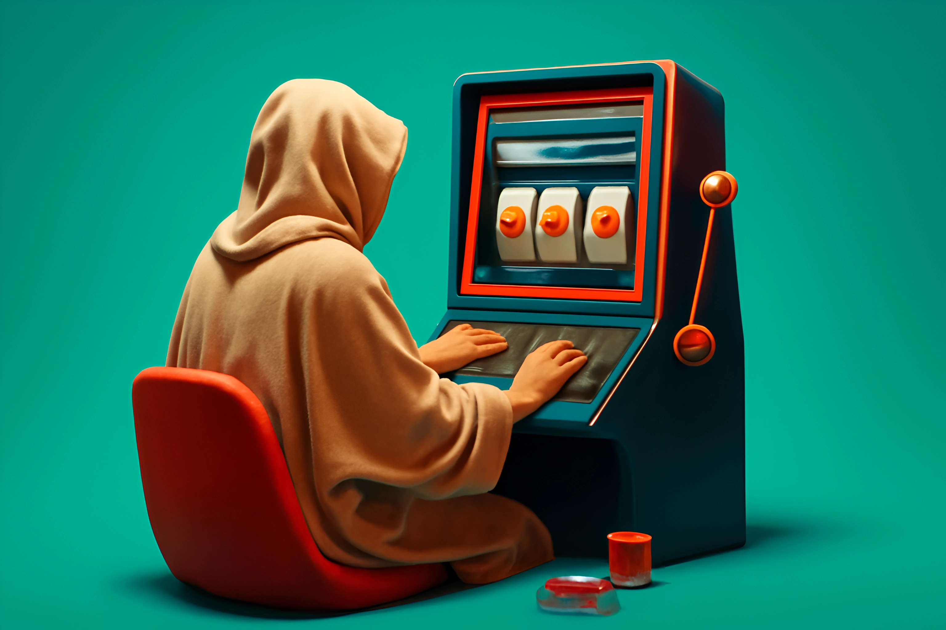 Hooded figure at slot machine
