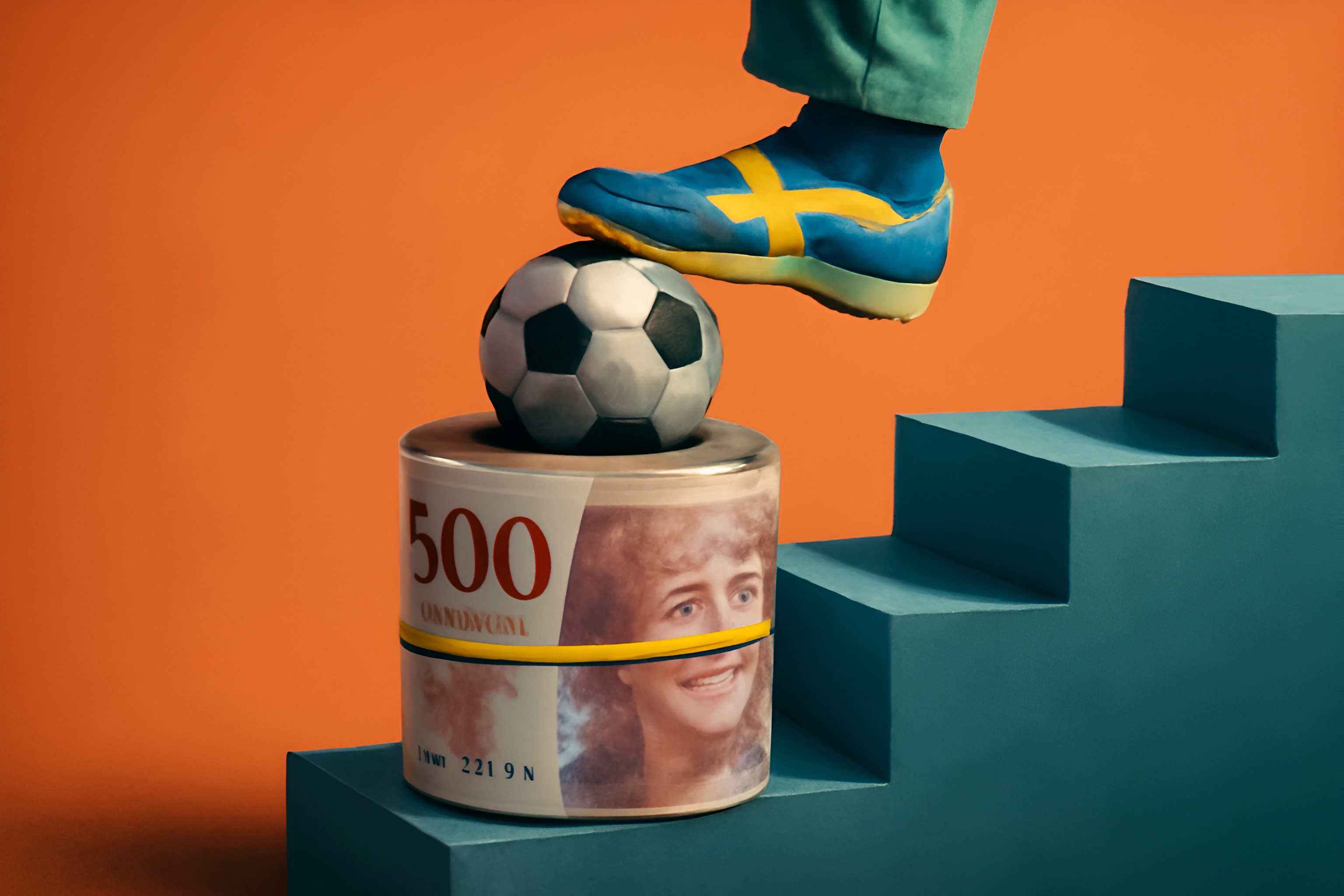 Foot on soccer ball and money can.
