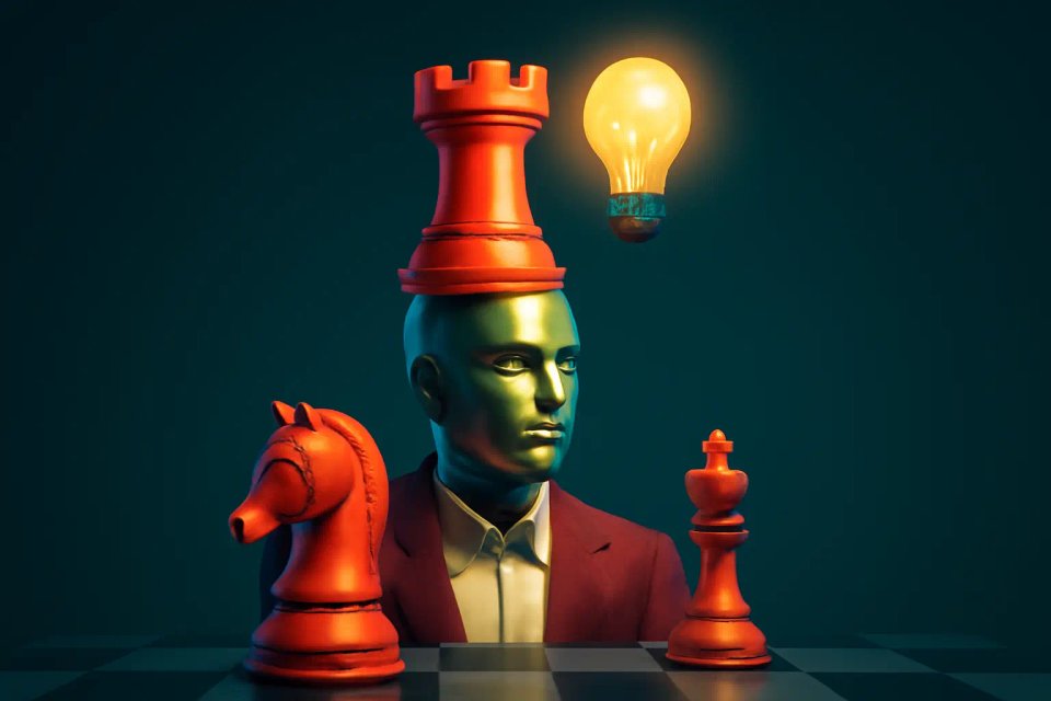 A conceptual image featuring a stylized human figure with a chess rook on their head, surrounded by chess pieces including a knight and a king, with a glowing light bulb above, symbolizing strategic thinking and creativity in chess.