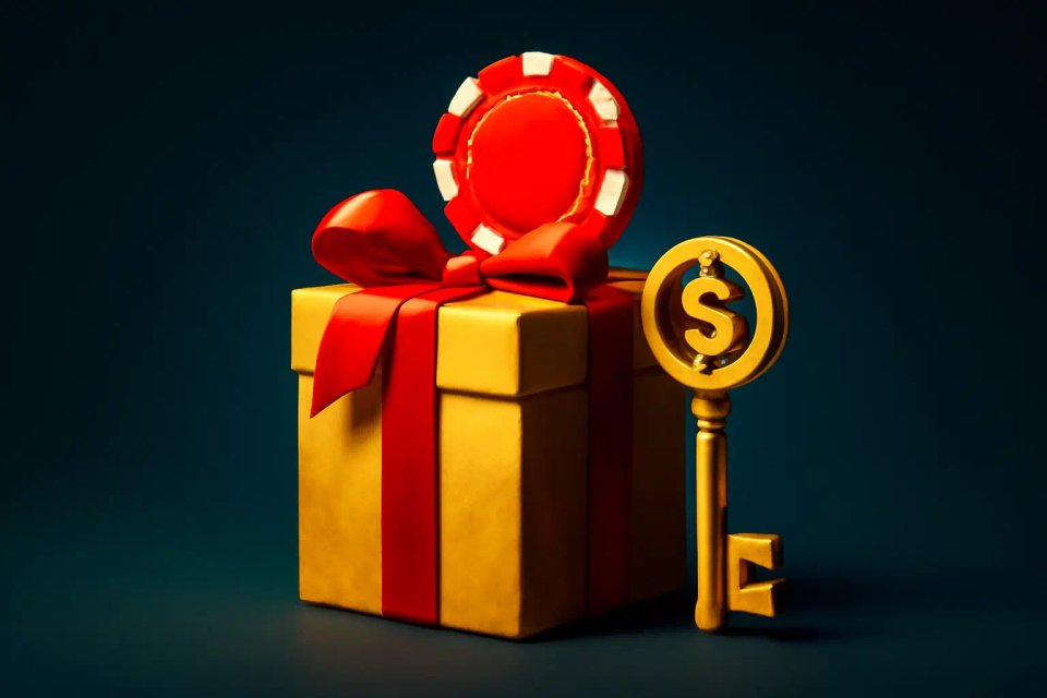 A golden gift box with a red ribbon, accompanied by a red casino chip and a golden key with a dollar sign, symbolizing luck and opportunity.