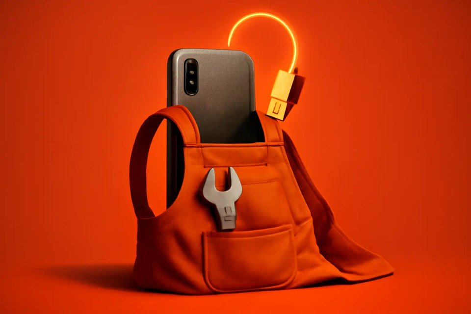 An orange tool bag with a smartphone and a glowing charger cable emerging from it, symbolizing technology and tools.