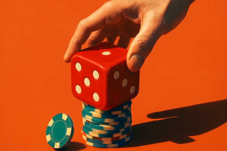 A hand placing a red die on top of a stack of colorful poker chips against an orange background.