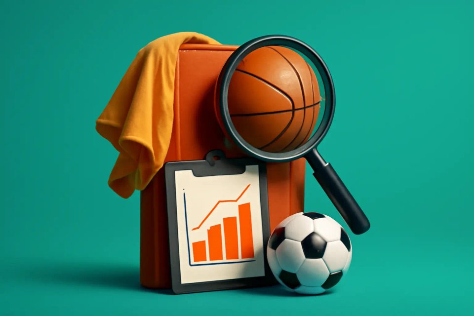 A collection of sports analysis tools featuring a basketball, soccer ball, a magnifying glass, a clipboard with a growth chart, and a yellow sports jersey against a teal background.